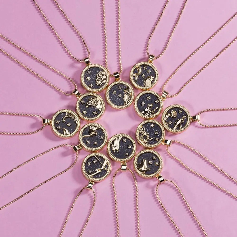 Fashion 12 Constellation Necklace For Women Men Gold Color Chain Zodiac Sign Round Pendant Necklace Couple Jewelry Birthday Gift