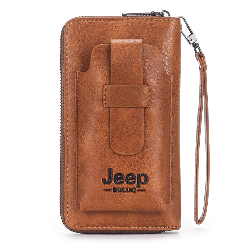 JEEP BULUO Leather Brand Purse Phone Double Zipper Luxury Wallet Clutch Bag