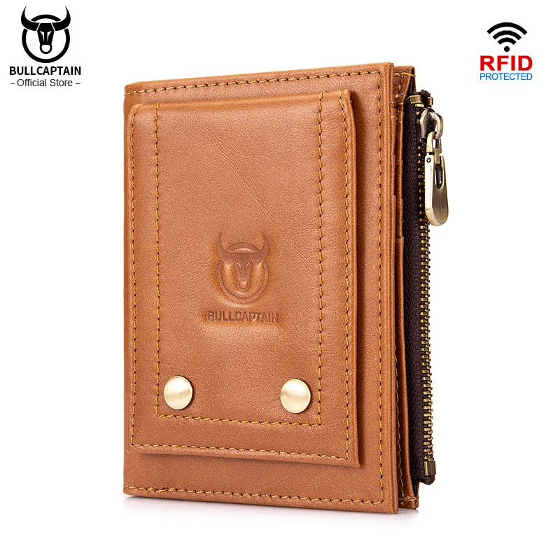 BULLCAPTAIN New Small Wallet Genuine Leather Wallets Coin Purse Quality Short Male Money Bag Rifd Hardware Pull Card Walletes