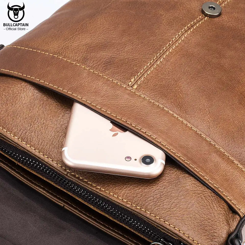 BULLCAPTAIN Men's Leather Shoulder Slung Casual Sports Outdoor Soft Head Layer Leather Trend Business Small Flat Bag Men's Bag