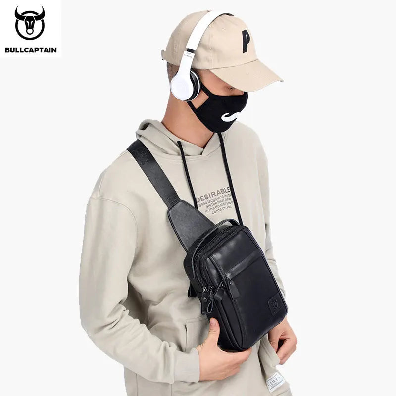BULLCAPTAIN Genuine Leather Men's Chest Bag Multi Function Bag Can Accommodate 7.9 Inch IPai Pocket Fashion Men's Crossbody Bag
