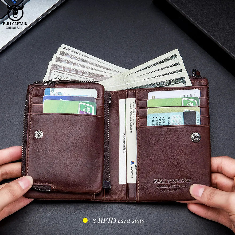 BULLCAPTAIN RFID Fashion Leather Men's Wallet Retro Short Wallet Clutch Bag Men's Zipper Wallet Card Case Coin Purse