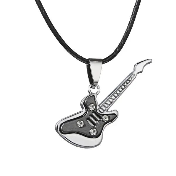 Fashion Cool Punk Black Stainless Steel Guitar Pendant Necklaces Men Women Leather Chain Hiphop Rock Collar Jewelry Dropshipping