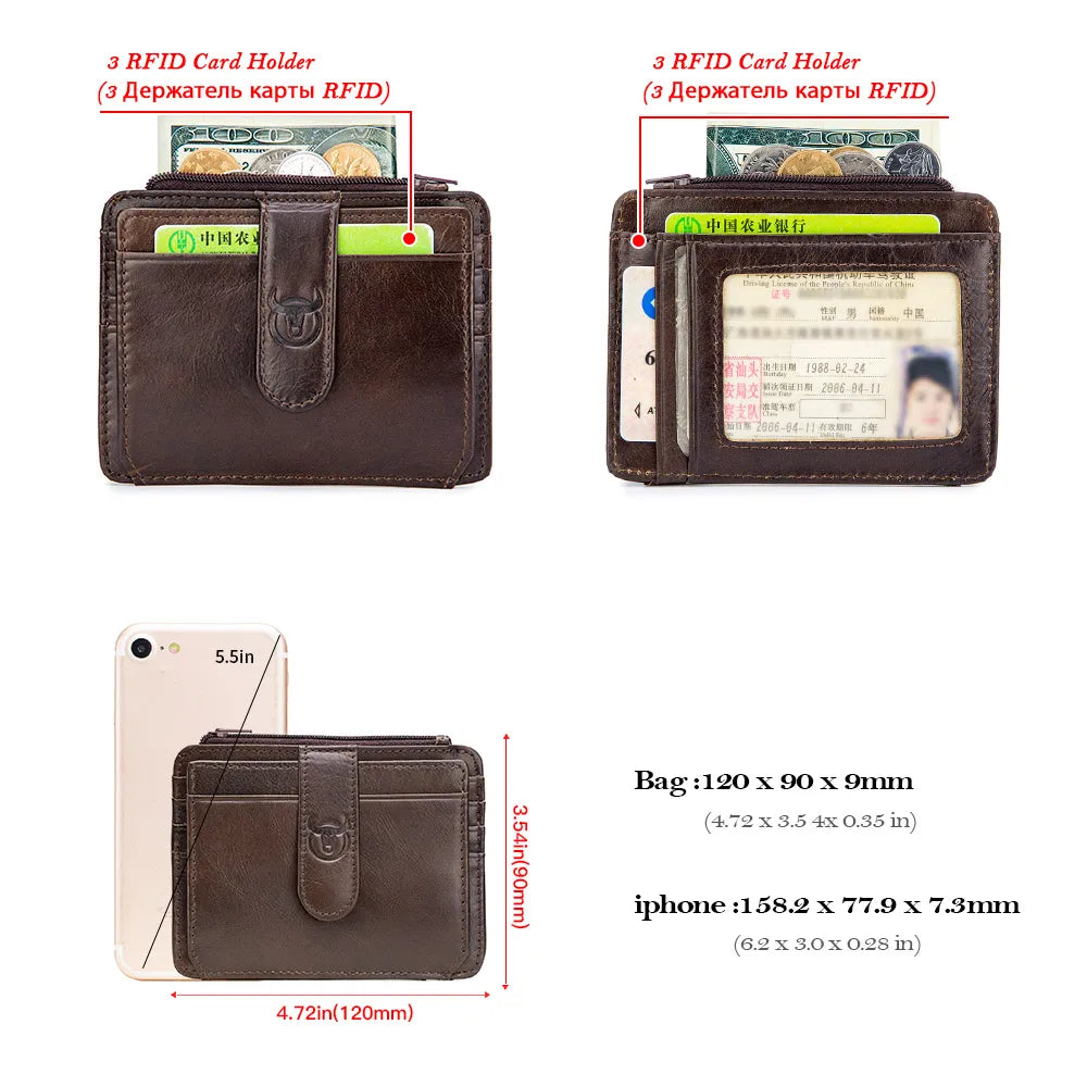 BULLCAPTAIN Genuine Leather RFID Blocking Zipper Card Holder Credit Cart Wallet Mini Slim Wallet Card & Id Holders Man Business