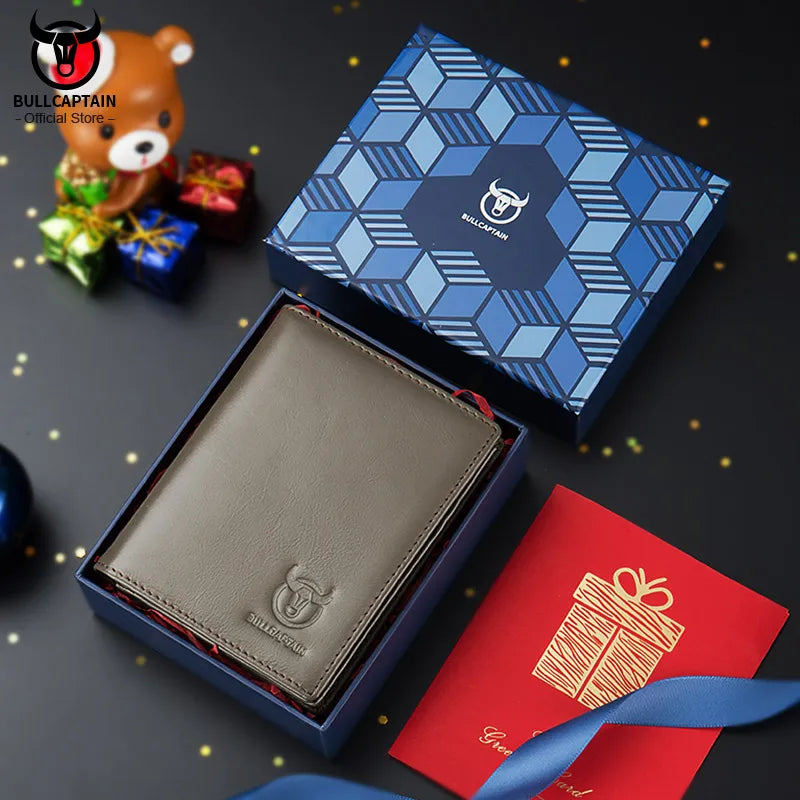 Bullcaptain Large Capacity Leather Bi-Fold Wallet Men's Gift Wallet's Compact Mini Credit Card Holder RFID Wallet Man