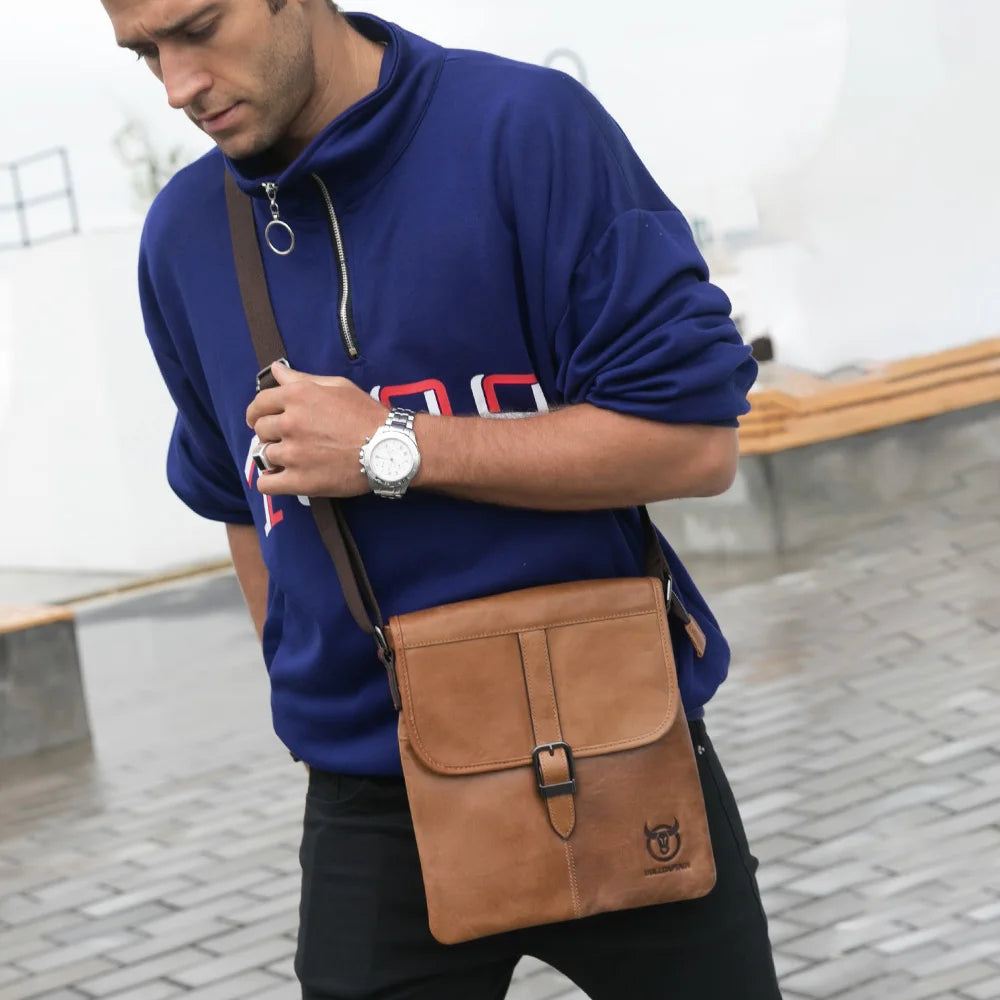 BULLCAPTAIN Men's Leather Shoulder Slung Casual Sports Outdoor Soft Head Layer Leather Trend Business Small Flat Bag Men's Bag