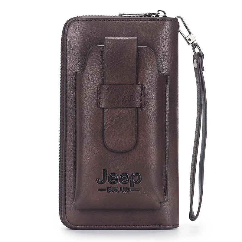 JEEP BULUO Leather Brand Purse Phone Double Zipper Luxury Wallet Clutch Bag