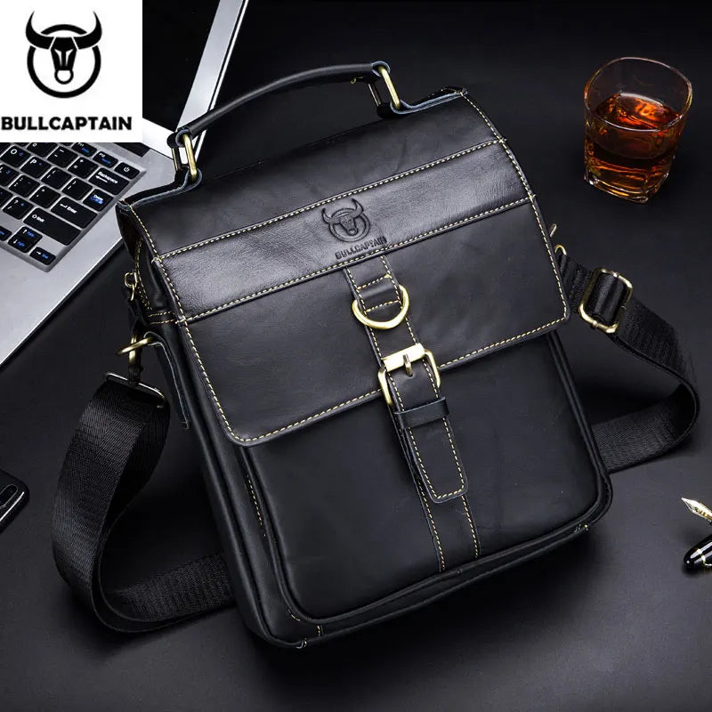 BULLCAPTAIN Men's Leather Shoulder Bag, Retro Business Crossbody Bag, Large Capacity Fashion Casual Youth Student Handbag