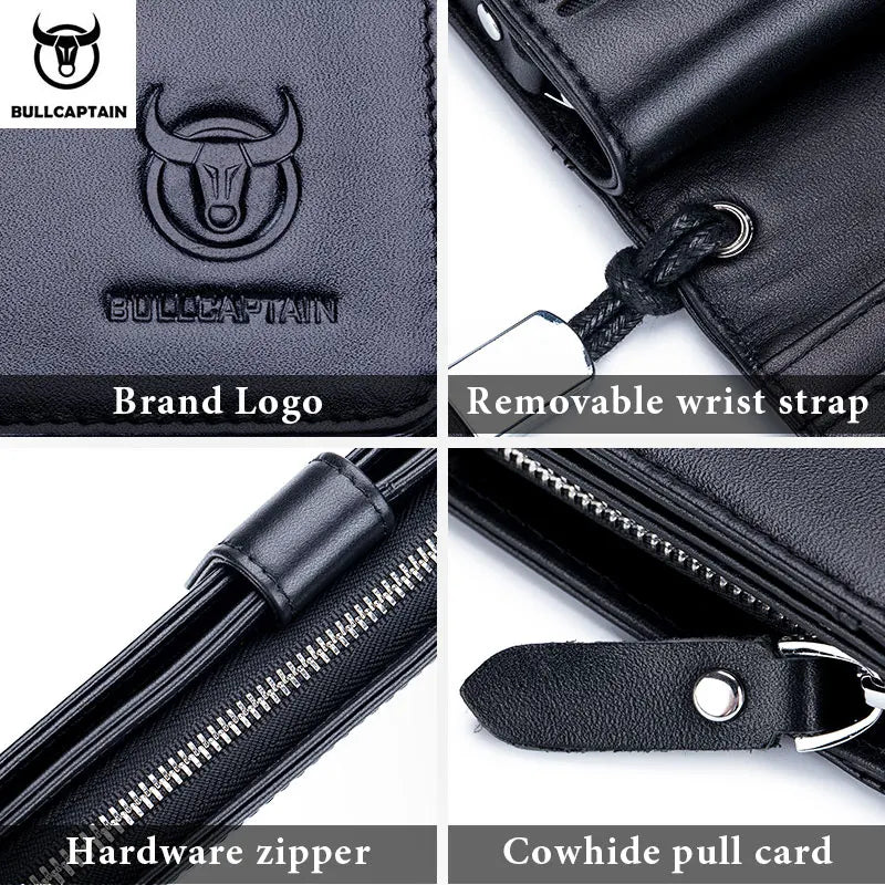 BULLCAPTAIN Men's Genuine Leather Wallet RFID Function Can Place 6.5-inch Mobile Handbag High Quality Multi Card Long Wallet