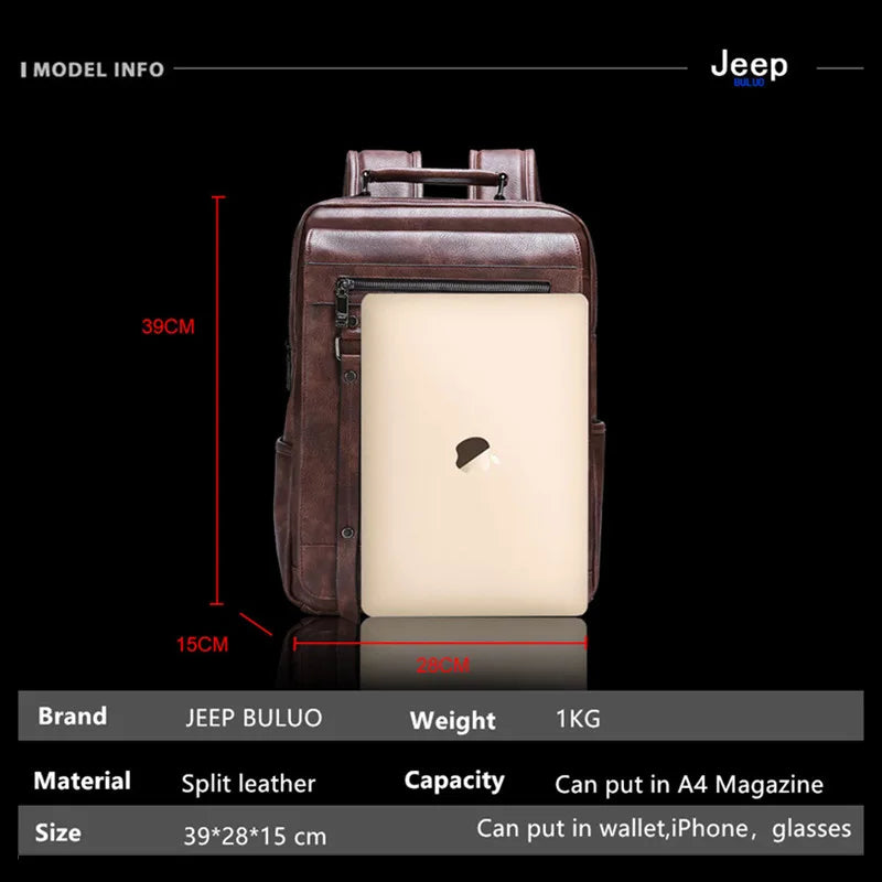 JEEP BULUO Trend Casual Travel Laptop Bag HighCapacity Computer Leather Backpack