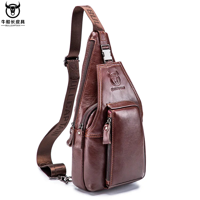 BULLCAPTAIN Men's Genuine Leather Chest Pack Chest Bag Men Multifunctional Headphone Jack Bages Casual Messenger Bags Men Bag's