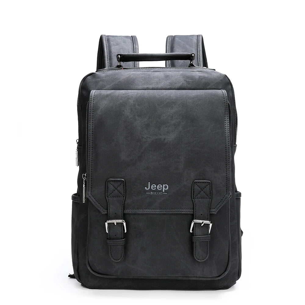 JEEP BULUO Men's Backpack Travel 15" Laptop Bag Waterproof PU Leather School Bag