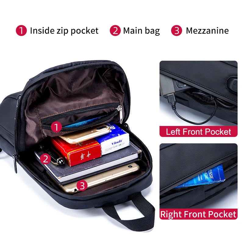 BULLCAPTAIN 2021 New Men's Multifunctional Messenger Bag USB Rechargeable Chest Backpack Waterproof Short Trip