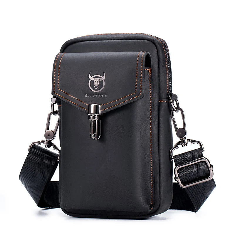 BULLCAPTAIN Crazy Horse Leather Men's Waist Bags Multifunctional 7-inch Mobile Phone Bag Bag Male Shoulder Messenger Bages Brown