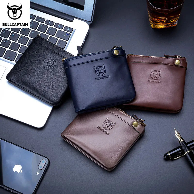 BULLCAPTAIN Leather Wallet Men's Zipper Wallet Men's Wallet Purse RFID Mini Wallet And Smart Design Zipper Buckle Wallet