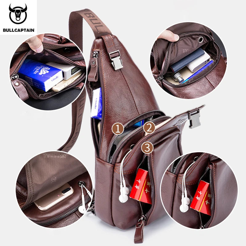 BULLCAPTAIN Men's Genuine Leather Chest Pack Chest Bag Men Multifunctional Headphone Jack Bages Casual Messenger Bags Men Bag's