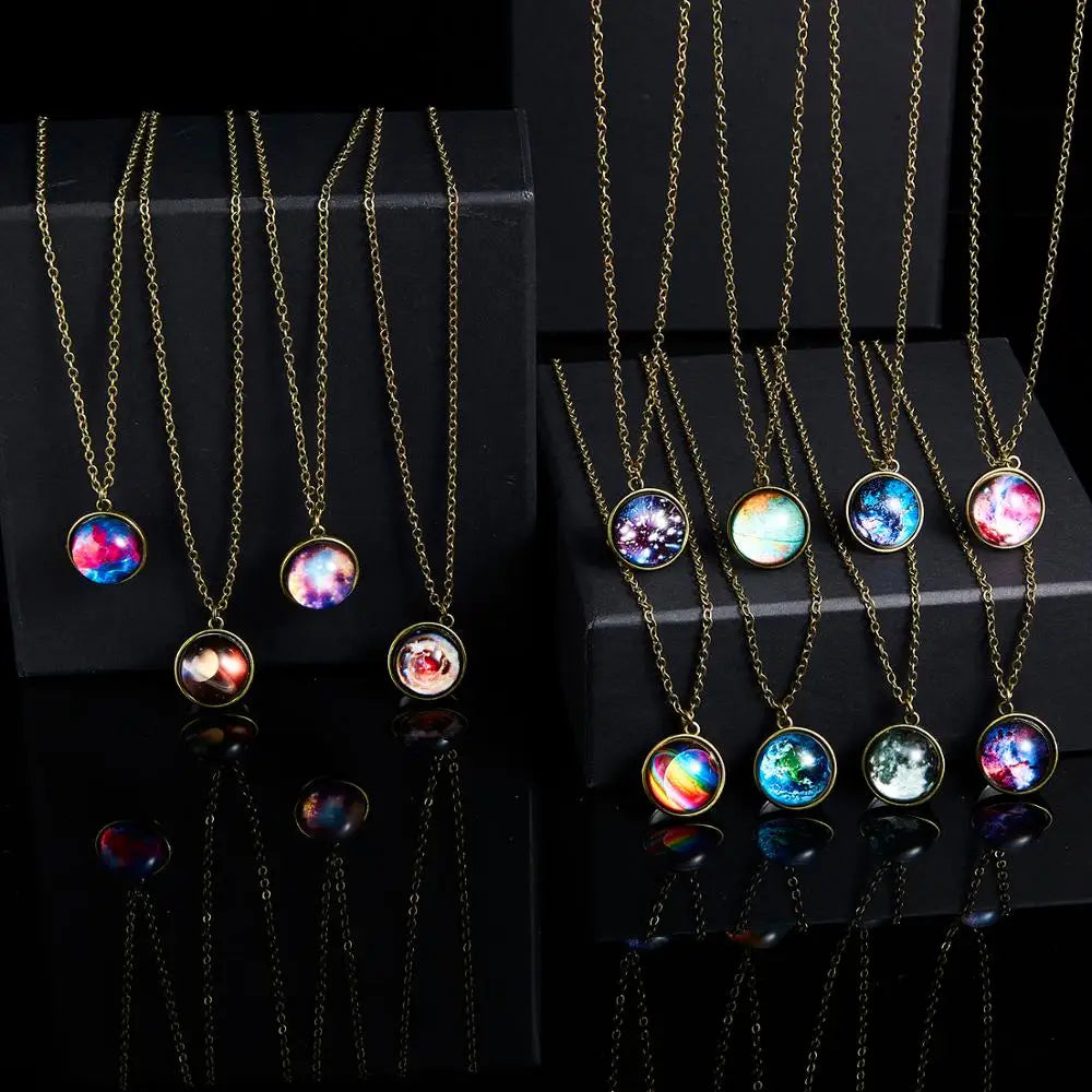 Unique Luminous Universe Galaxy Planet Glass Necklace Glow In The Dark Cosmic Ball Pendant Necklace for Unisex Vintage Jewelry