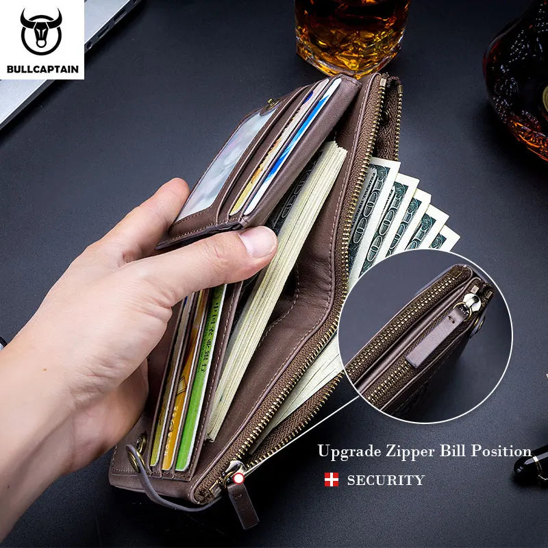 BULLCAPTAIN Leather Wallet Men's Zipper Wallet Men's Wallet Purse RFID Mini Wallet And Smart Design Zipper Buckle Wallet