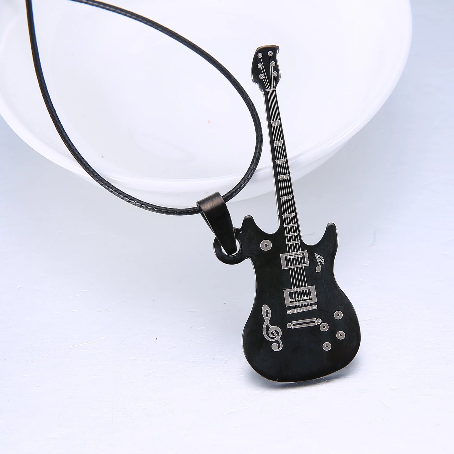 Fashion Cool Punk Black Stainless Steel Guitar Pendant Necklaces Men Women Leather Chain Hiphop Rock Collar Jewelry Dropshipping