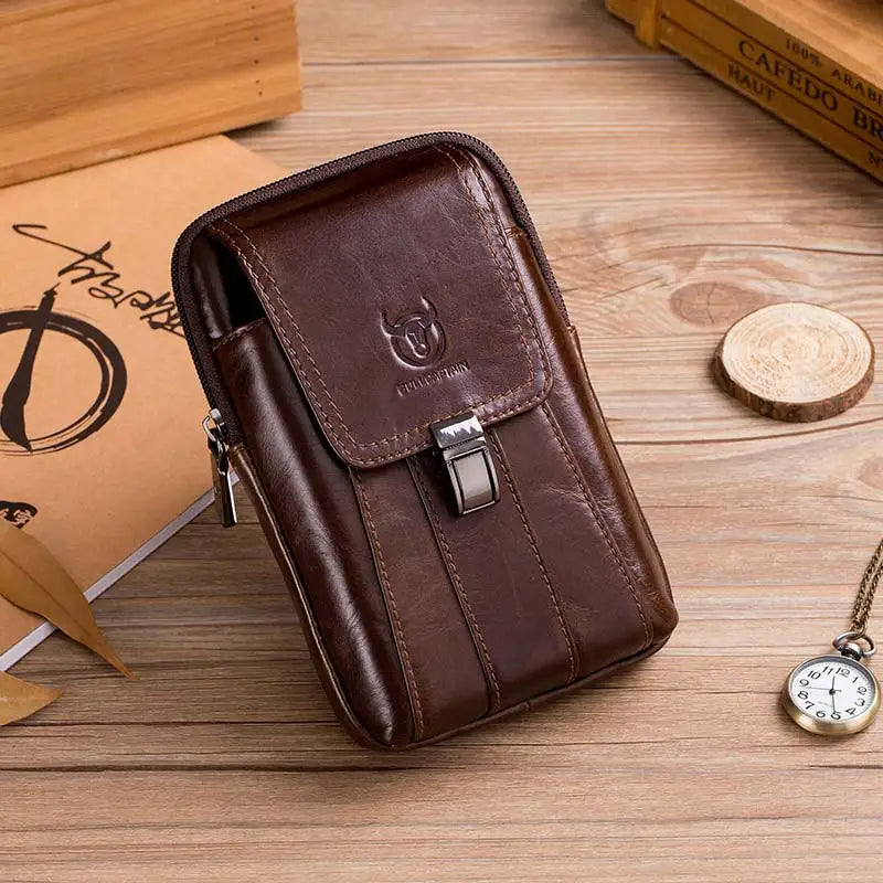 BULLCAPTAIN  Genuine Leather Vintage Waist Packs Men Travel Fanny Pack Belt Bum Shoulder Bag Waist Bag Mobile Phone Pouch