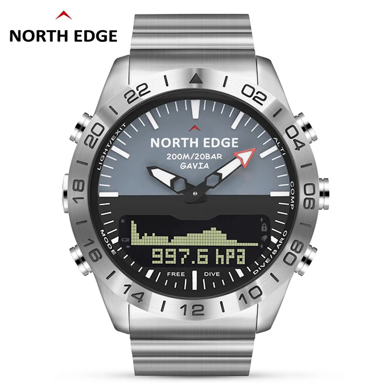 NORTH EDGE Mens Dive Compass Digital Watch Military Luxury Full Steel Smartwatch