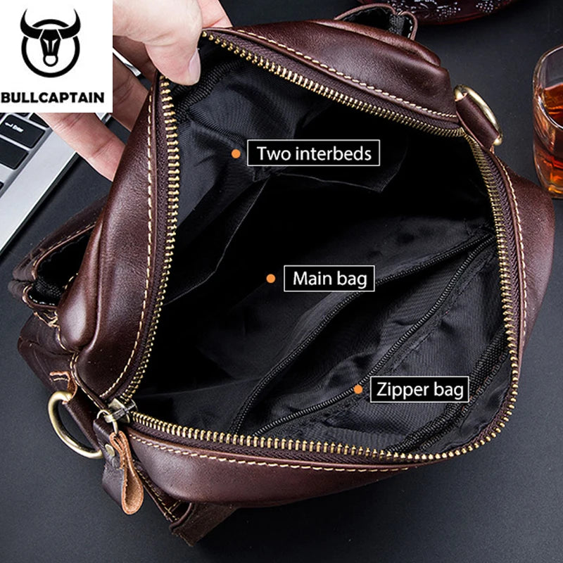 BULLCAPTAIN Men's Leather Shoulder Bag, Retro Business Crossbody Bag, Large Capacity Fashion Casual Youth Student Handbag