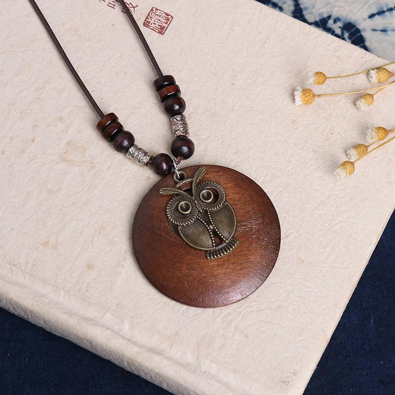 Vintage Fashion Winter Long Sweater Chain Necklace Handmade Wooden Round Pendant Necklace Famale Bijoux Collier Jewelry Gifts