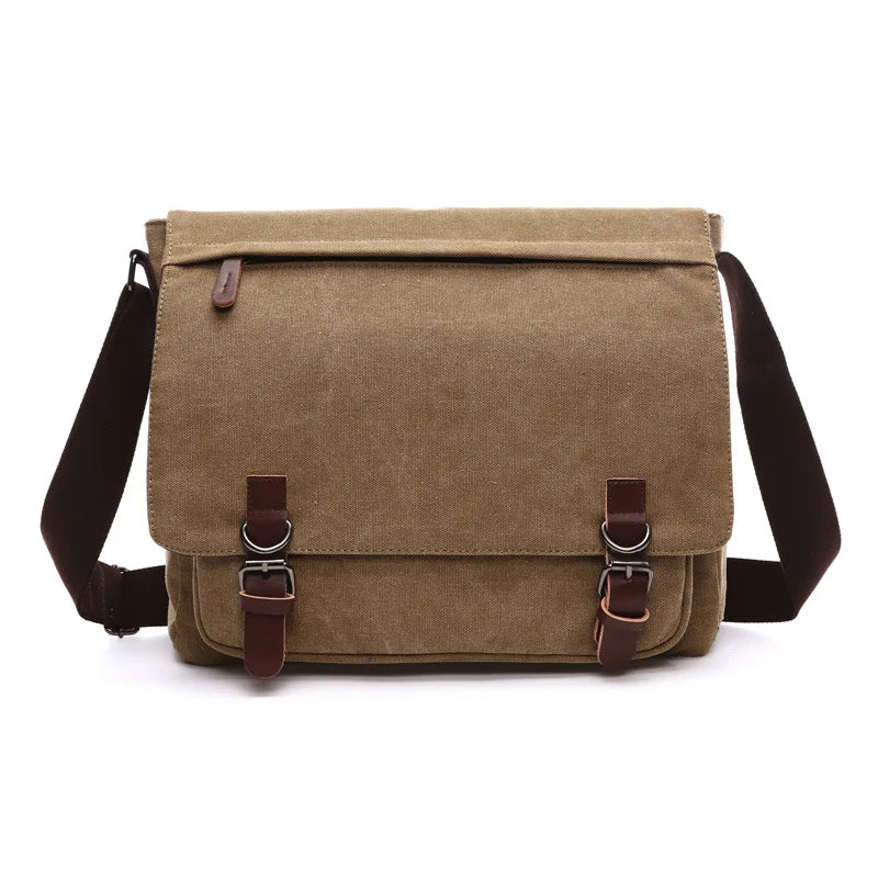 Khaki Men Canvas Messenger Bag, Business Travel Shoulder Bag, PC Crossbody Bags