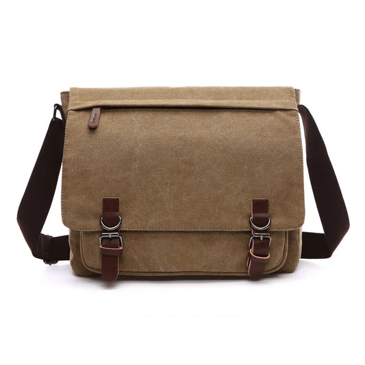 Khaki Men Canvas Messenger Bag, Business Travel Shoulder Bag, PC Crossbody Bags