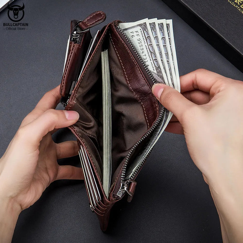 BULLCAPTAIN RFID Fashion Leather Men's Wallet Retro Short Wallet Clutch Bag Men's Zipper Wallet Card Case Coin Purse