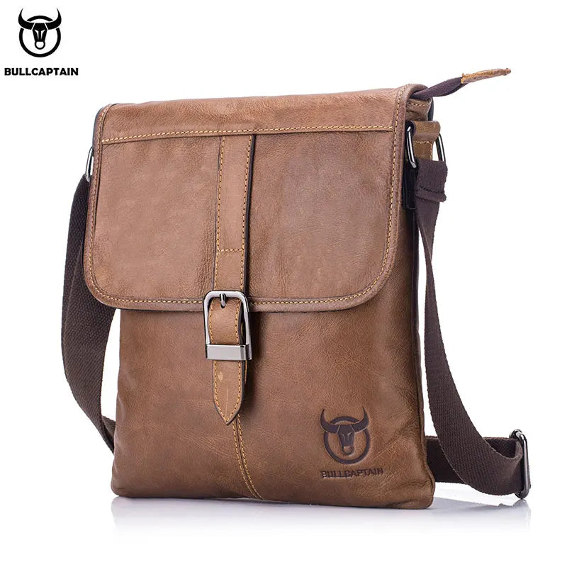 BULLCAPTAIN Men's Leather Shoulder Slung Casual Sports Outdoor Soft Head Layer Leather Trend Business Small Flat Bag Men's Bag