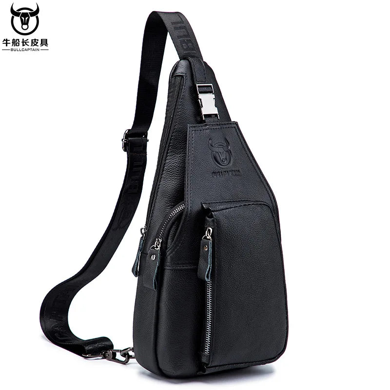 BULLCAPTAIN Men's Genuine Leather Chest Pack Chest Bag Men Multifunctional Headphone Jack Bages Casual Messenger Bags Men Bag's