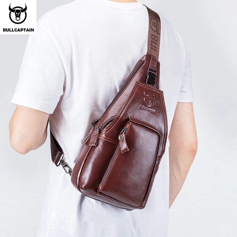 BULLCAPTAIN Men's Genuine Leather Chest Pack Chest Bag Men Multifunctional Headphone Jack Bages Casual Messenger Bags Men Bag's