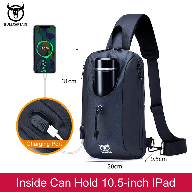 BULLCAPTAIN 2021 New Men's Multifunctional Messenger Bag USB Rechargeable Chest Backpack Waterproof Short Trip
