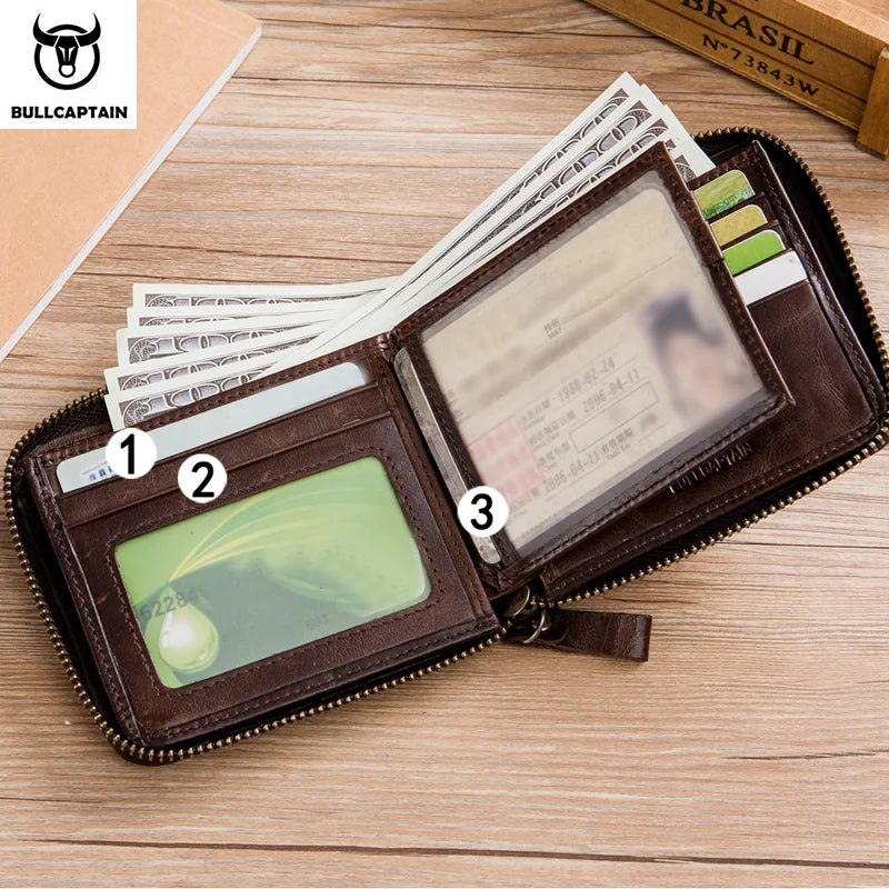BULLCAPTAIN Genuine Leather Men's Wallet Vintage Zipper with Partition Clip RFID Credit Card Holder Burglar Leather Mini Wallet