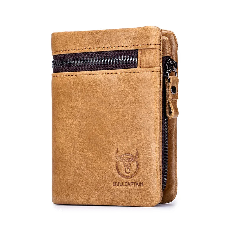 BULLCAPTAIN Short Tri-Fold Buckle Zipper Wallet Men's Cow Leather Wallet Coin Purse Money Bag Business Card Holder RFID Holder