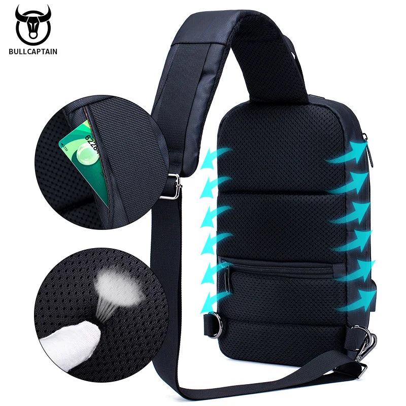 BULLCAPTAIN 2021 New Men's Multifunctional Messenger Bag USB Rechargeable Chest Backpack Waterproof Short Trip