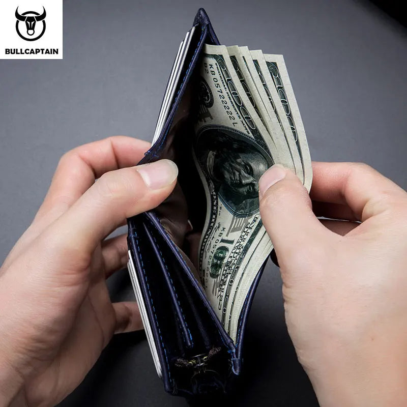 BULLCAPTAIN RFID Men's Wallet Leather Men's Coin Purse Zipper Wallet Card Coin Wallet Holder Credit Card Bag