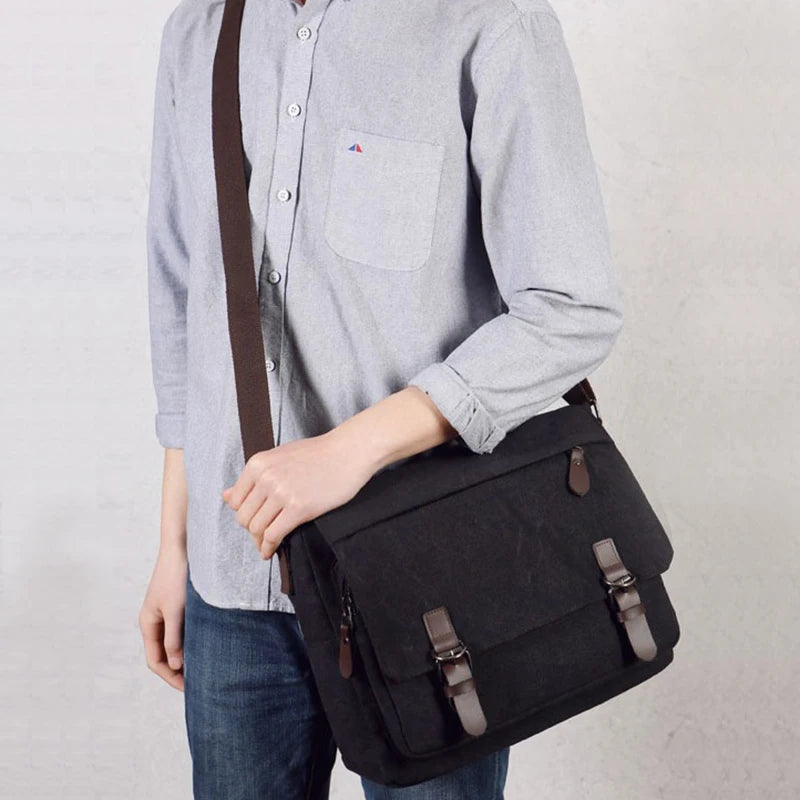 Black Men Canvas Messenger Bag, Business Travel Shoulder Bag, PC Crossbody Bags