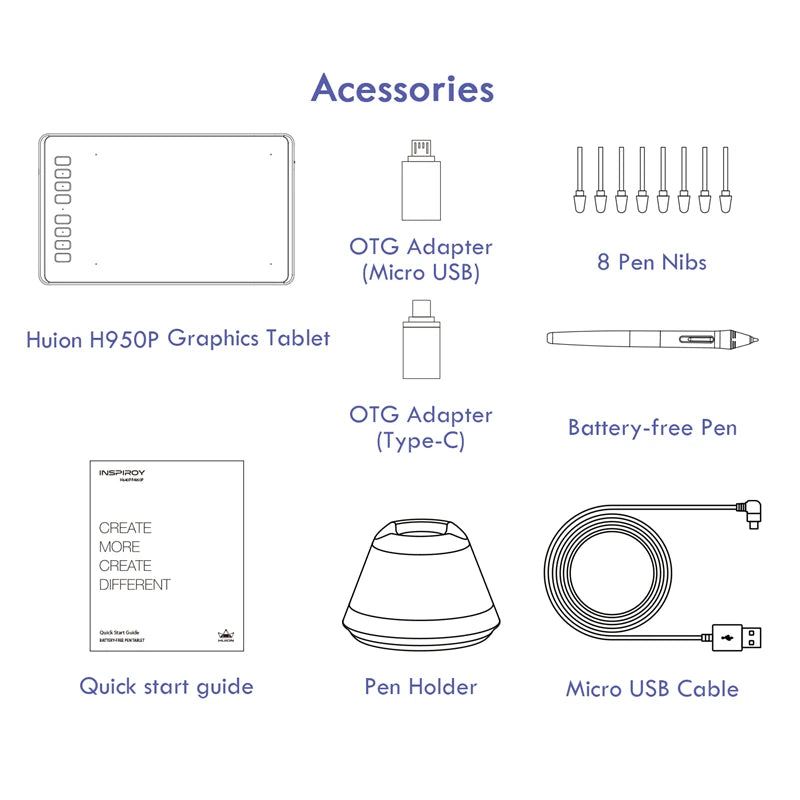 H950P Ultrathin Graphic Digital Tablets Pro-Drawing Pen, Battery-Free Stylus