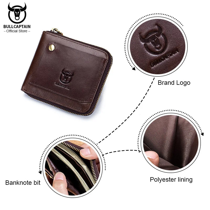 Bullcaptain Cowhide Genuine Leather Men Wallet Coin Purse Small Mini Card Holder Vintage PORTFOLIO Portomonee Male Walet Pocket