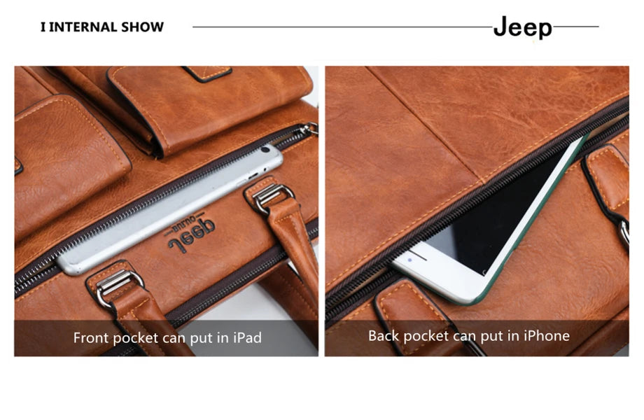 JEEP BULUO Brand Men Business Briefcase Leather Bag 2pcs/set Split for PC 13.3"