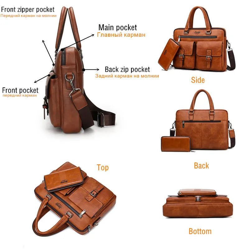 JEEP BULUO Brand Men Business Briefcase Leather Bag 2pcs/set Split for PC 13.3"