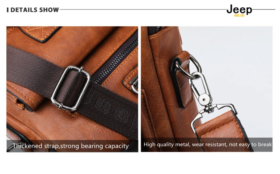 JEEP BULUO Brand Men Business Briefcase Leather Bag 2pcs/set Split for PC 13.3"