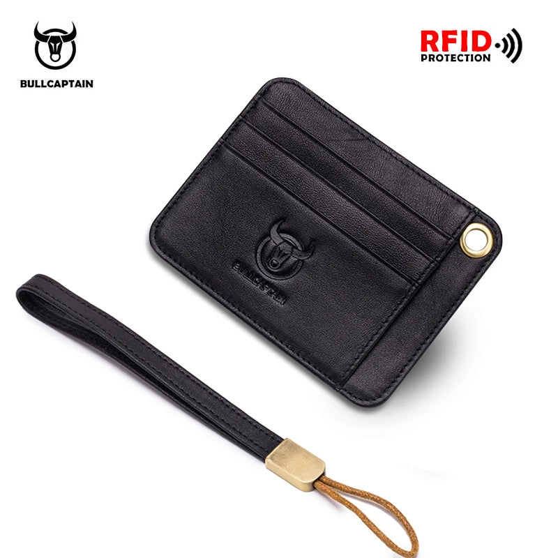 BULLCAPTAIN  Genuine Leather Business Credit Card Holder mini RFID Card protection Unisex ID Holders CARDS WALLET WITH WRIST