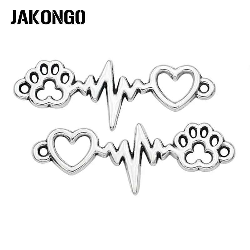 10PCS Antique Silver Plated Dog Footprint Heart Electrocardiogram Connector for Jewelry Making Bracelet DIY 34x12mm