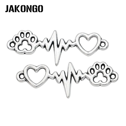 10PCS Antique Silver Plated Dog Footprint Heart Electrocardiogram Connector for Jewelry Making Bracelet DIY 34x12mm