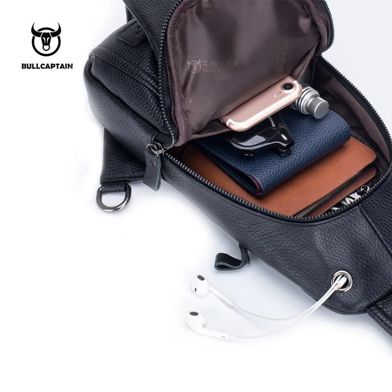 BULLCAPTAIN MEN's Chest Bag Casual Messenger Bags Genuine Leather Male Crossbody Bages Multifunctional Mobile Phone Zipper Bag's