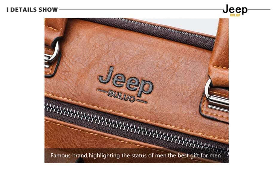 JEEP BULUO Brand Men Business Briefcase Leather Bag 2pcs/set Split for PC 13.3"