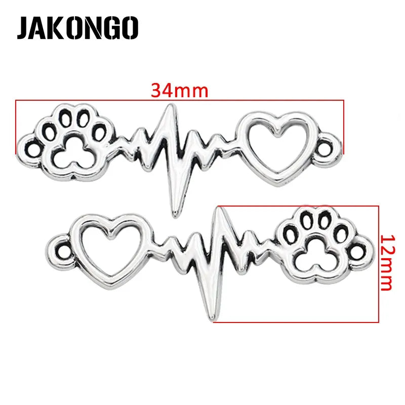10PCS Antique Silver Plated Dog Footprint Heart Electrocardiogram Connector for Jewelry Making Bracelet DIY 34x12mm